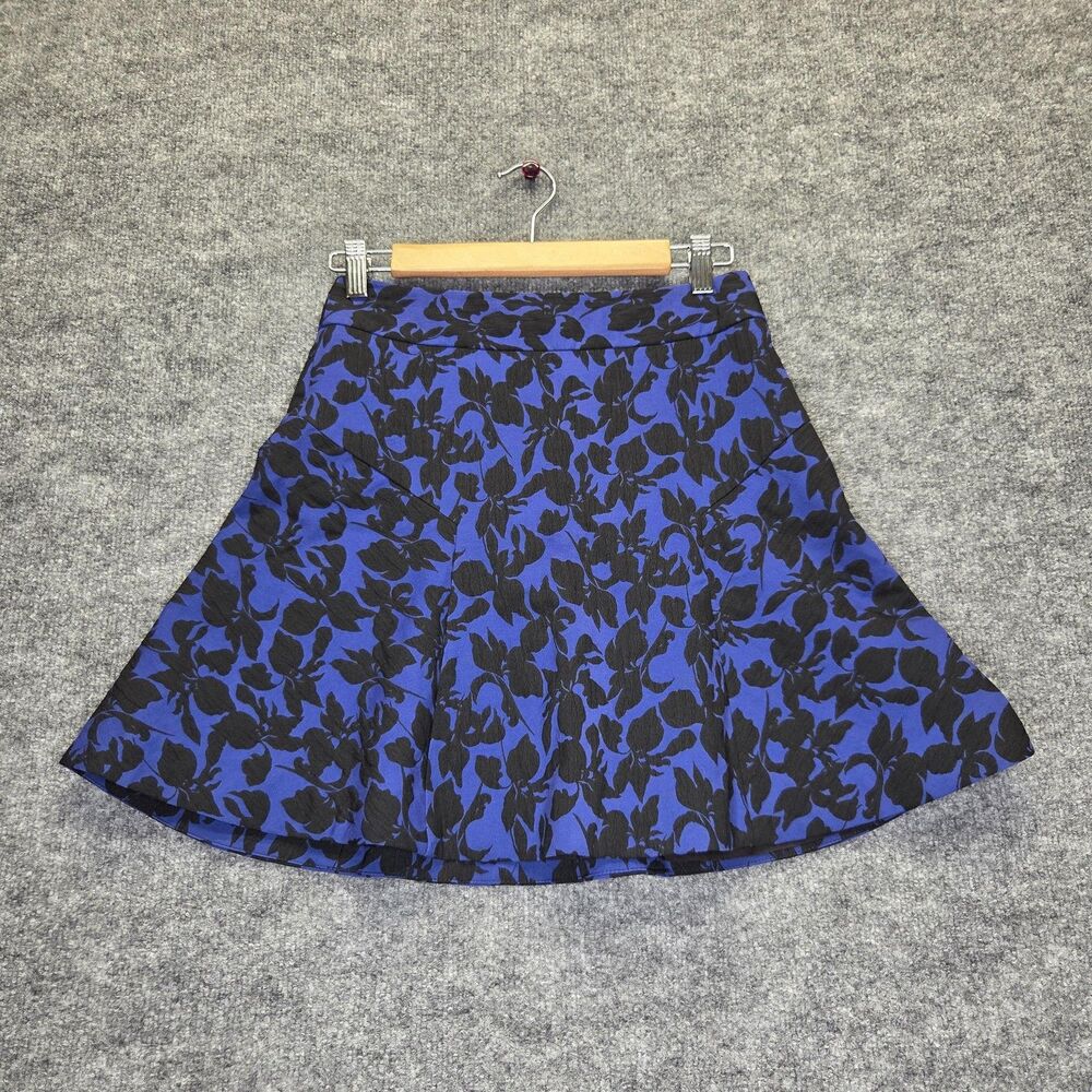 Express Skirt Womens 2 Blue Black Floral A-Line Short Mini Lined Jacquard Zip